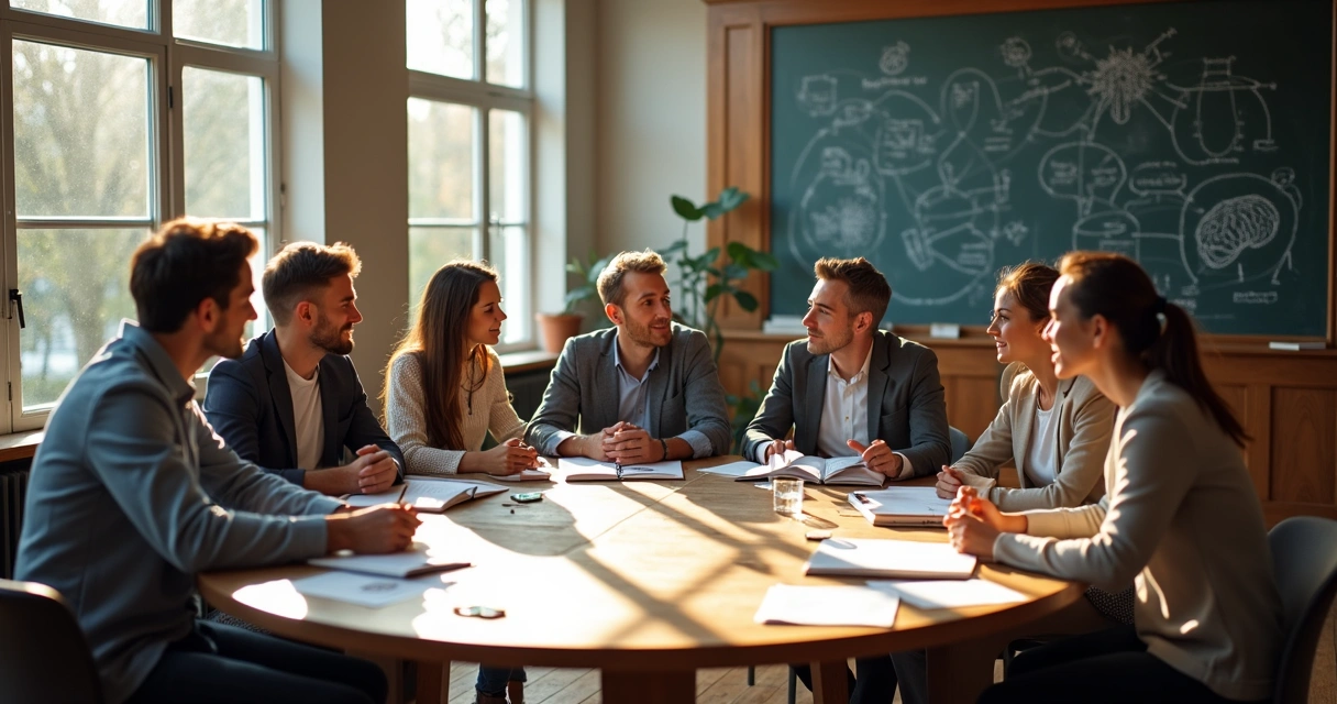 Interdisciplinary team collaborating at a round table 