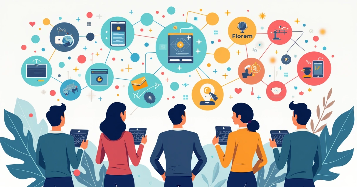 Grupos de eleitores digitais interagindo com diferentes temas em círculos conectados