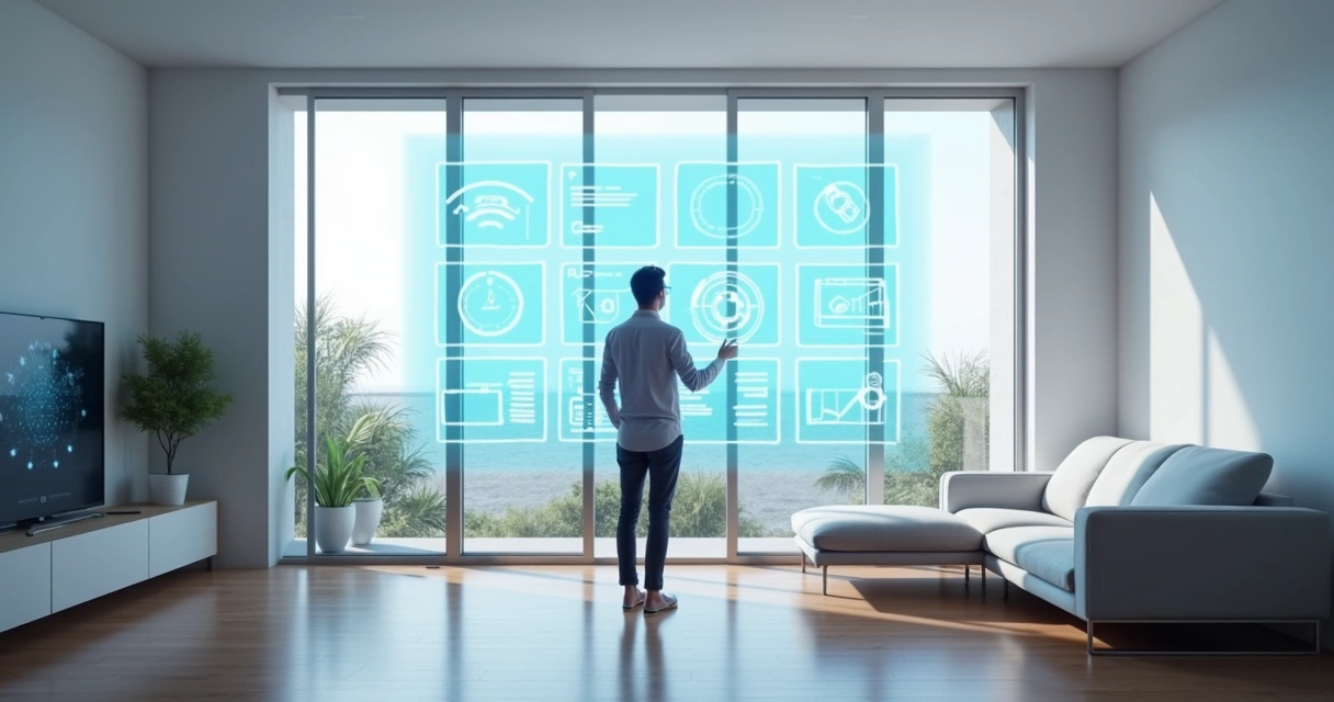 Pessoa interagindo com interface holográfica de sistema operacional de IA 