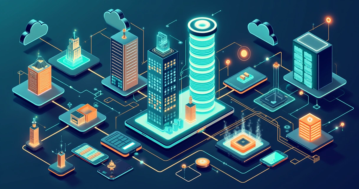Ilustração colorida de vários sistemas conectados por APIs 