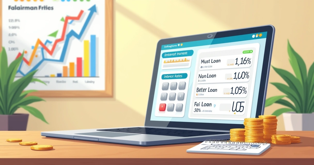 Interface de aplicativo de empréstimo digital com opções de taxas de juros, moedas e calculadora.