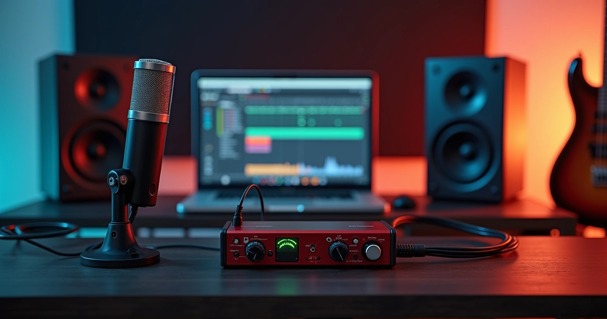 Interface de áudio conectada a notebook em home studio moderno 