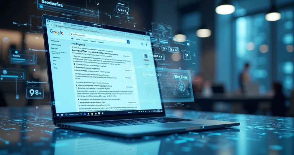 Interface realista de sistema de busca por inteligência artificial com gráficos e fontes citadas na tela 