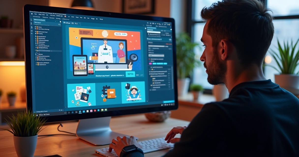 Editor visual de site mostrando adaptação móvel e desktop 