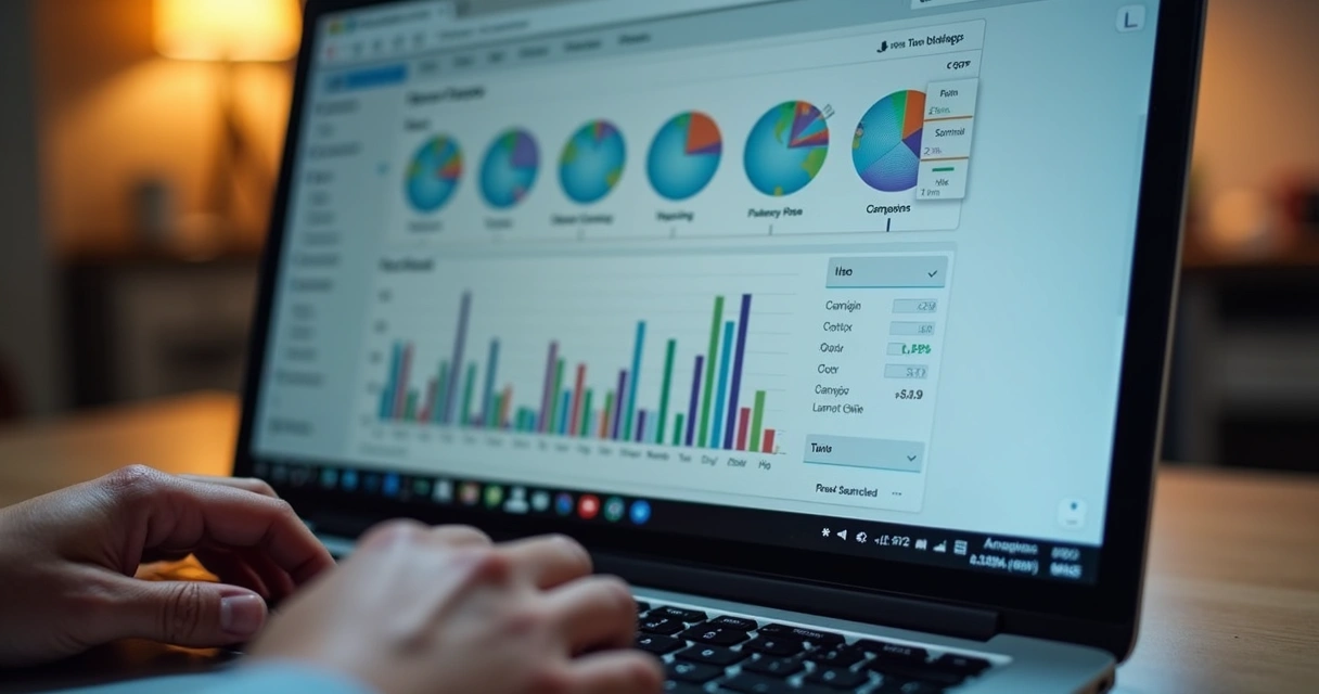 Tela de computador mostrando interface de criação de campanha digital com gráficos 