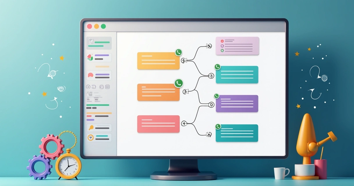 Interface de editor de fluxo de chatbot com caixas conectadas 