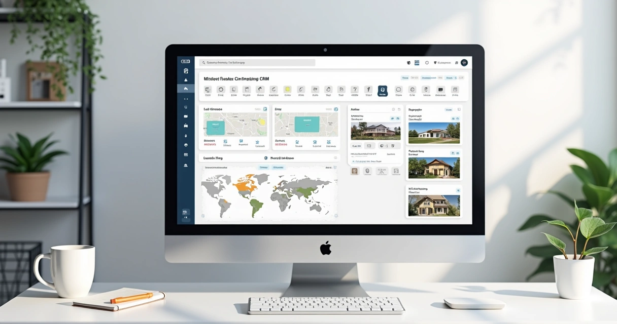 Interface de um CRM imobiliário exibindo integração com portais, funil de vendas e automação de marketing
