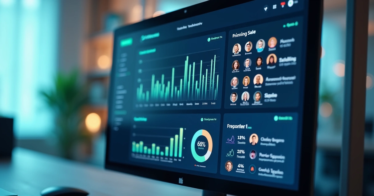 Painel digital colorido de interface de CRM com gráfico de vendas crescente e avatares de clientes na tela.