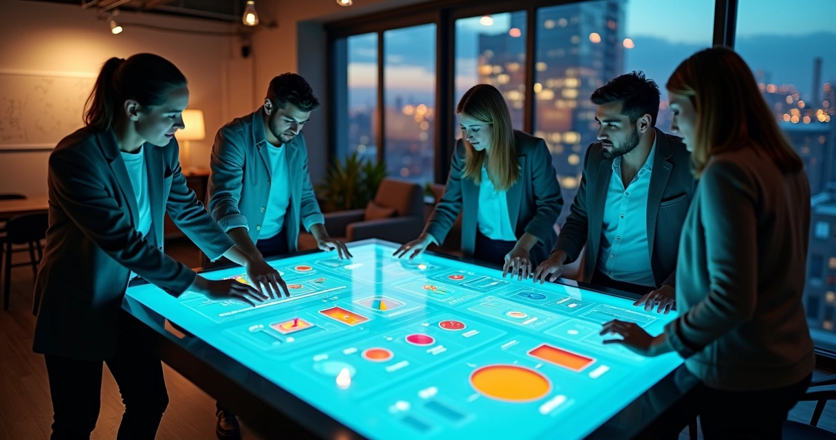 Equipe analisando interface de CRM personalizado em mesa interativa digital 