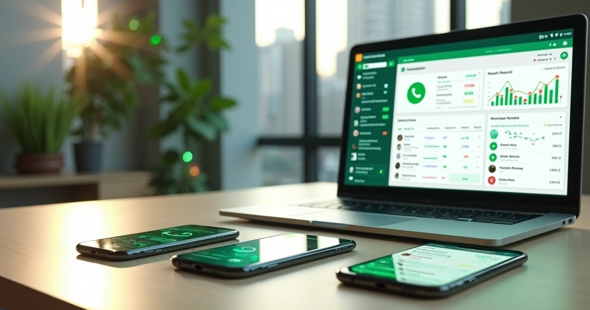 Múltiplos smartphones exibindo conversas e painel de CRM integrados ao WhatsApp sobre mesa de trabalho 