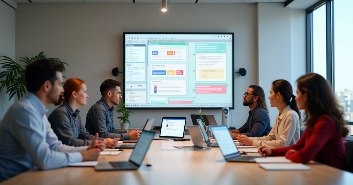 Equipe colaborando em escritório moderno com telas de design system mostrando componentes e padrões de interface 