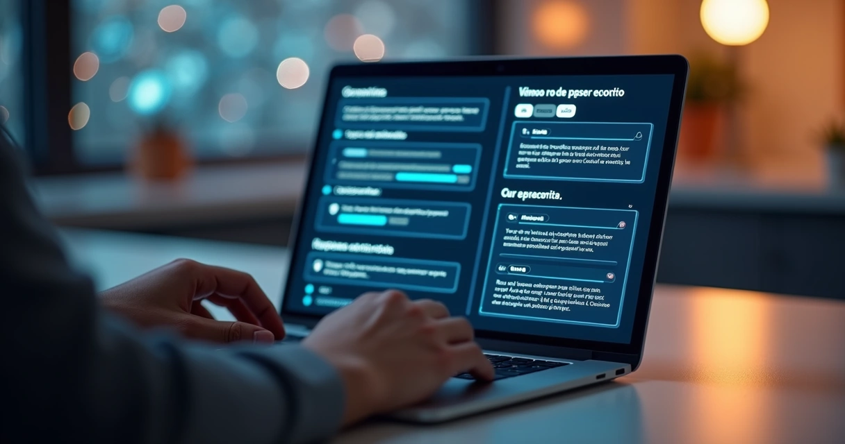 Pessoa usando laptop com tela exibindo interfaces digitais e textos curtos explicativos para microcopy 