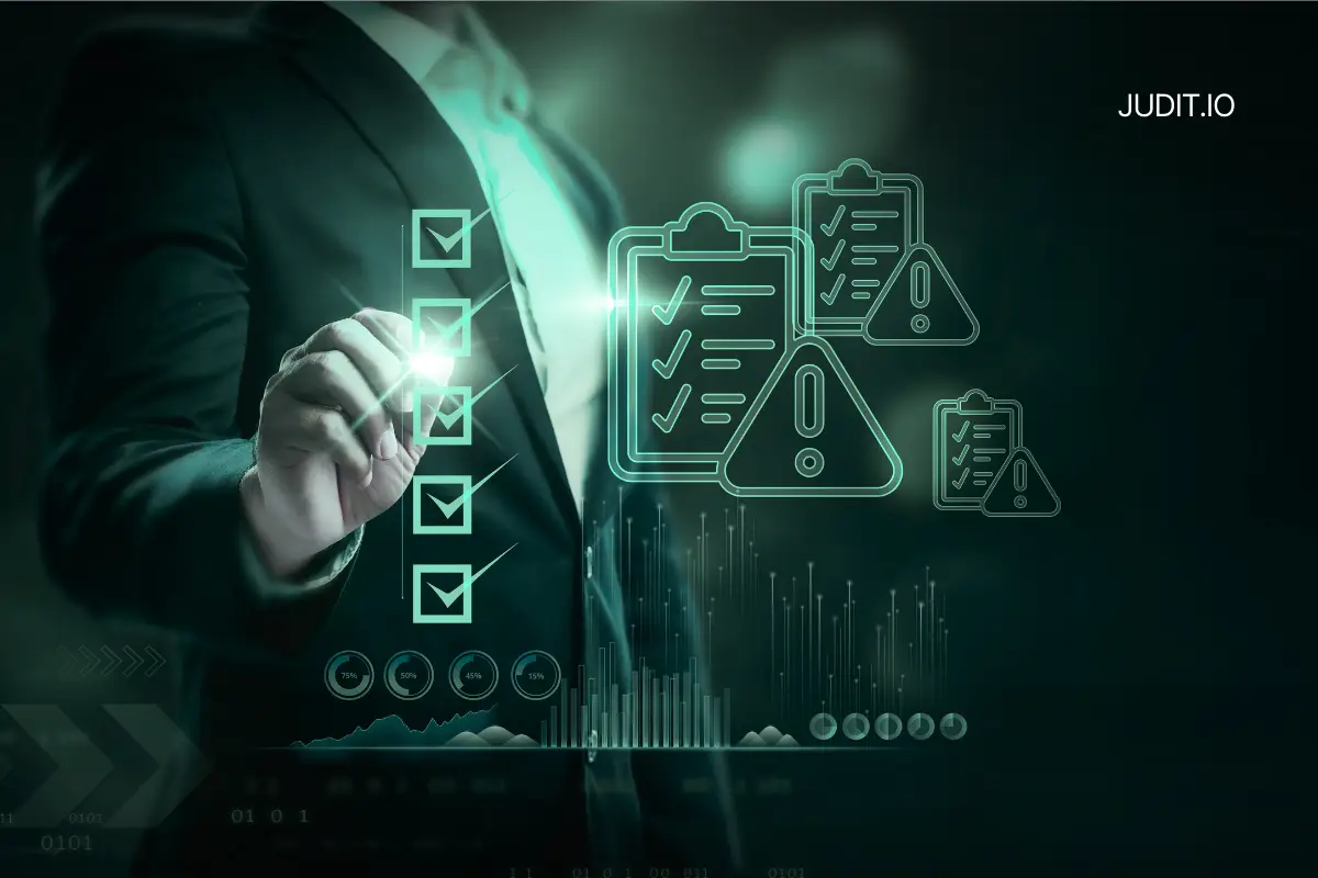 Pessoa vestindo terno marcando caixas de seleção em interface digital com gráficos e símbolos de alerta
