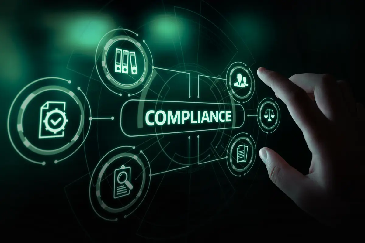 Mão interagindo com interface digital com o termo compliance e ícones jurídicos