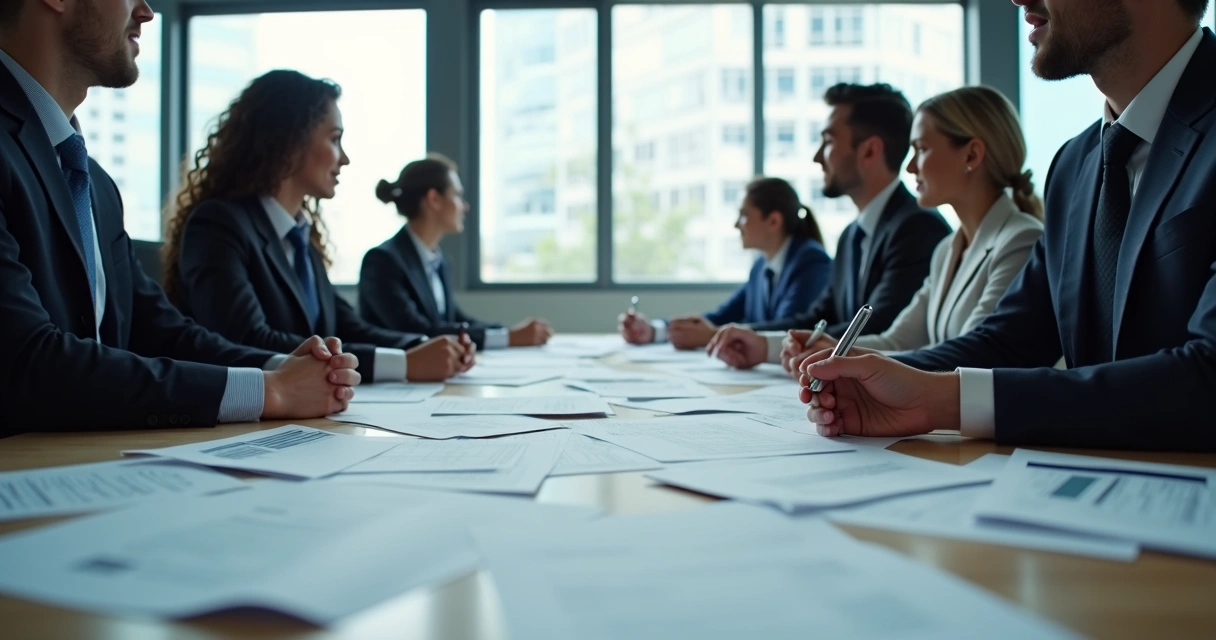 Mão de um gestor apontando o lugar exato entre duas áreas de trabalho, papéis pendentes no meio, representando falhas de interface 