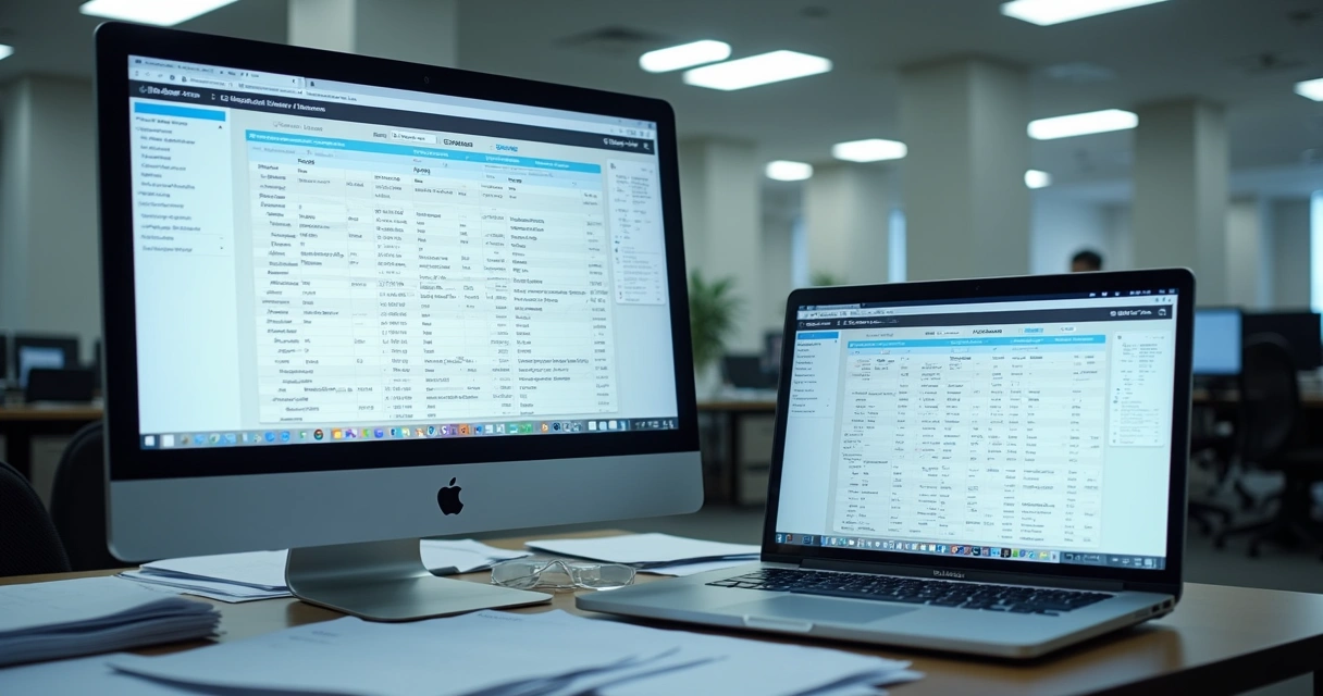 Tela de ERP antigo em um monitor em ambiente de escritório 