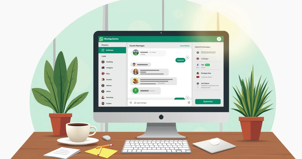 Tela de computador exibindo funcionalidades do WhatsApp Business, incluindo catálogo e etiquetas 