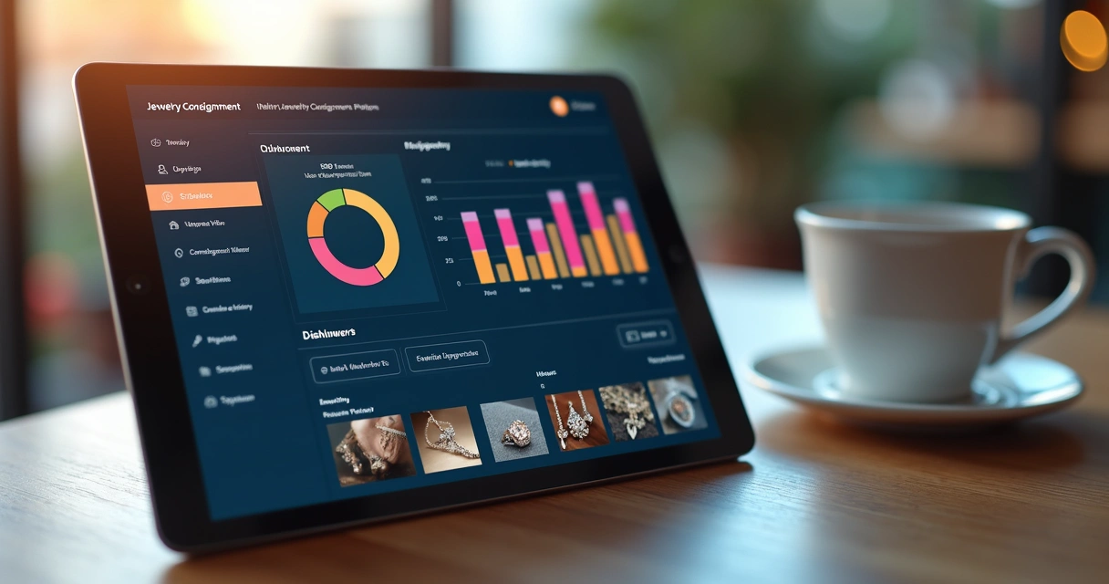 Interface de plataforma mostrando gestão de consignação de joias 