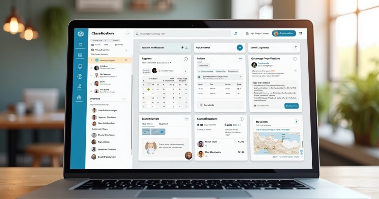 Interface intuitiva de sistema de gestão escolar para idiomas, com painéis de notificações, aulas e pagamentos em painel digital 