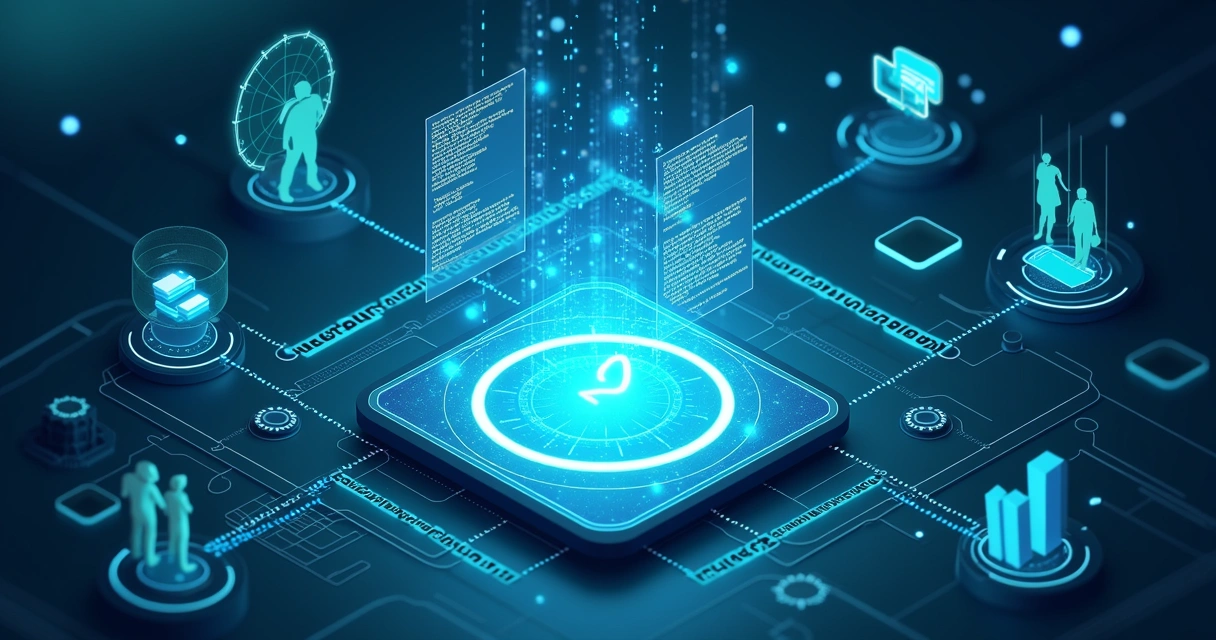 Interface futurista do GPT-4.1 com texto em holograma e elementos tecnológicos no fundo azul e verde.