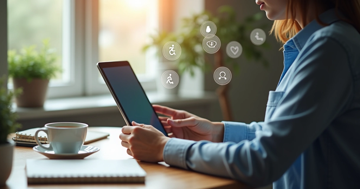Pessoa usando tela com elementos digitais e expressão de atenção