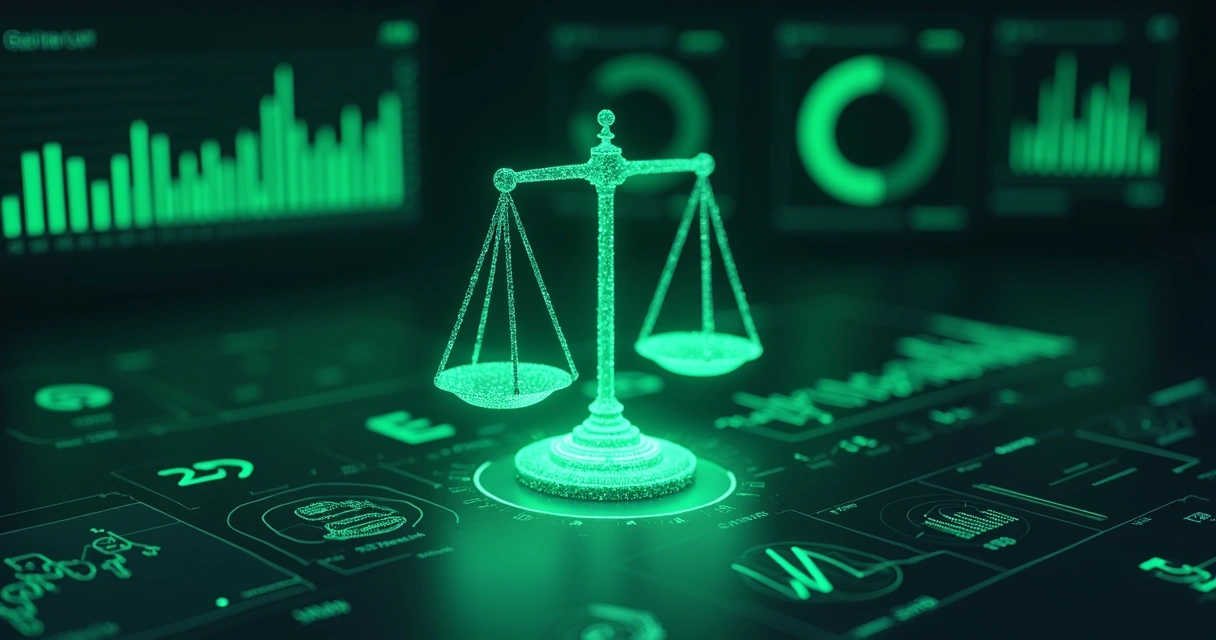 Ilustração de interface jurídica digital com balança da justiça, gráficos e ícones jurídicos
