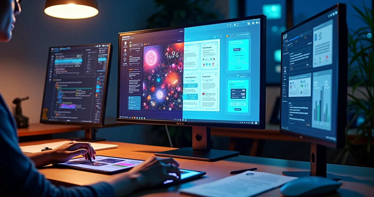 Designer ajustando interface digital dividida entre estilos visual e de usabilidade 