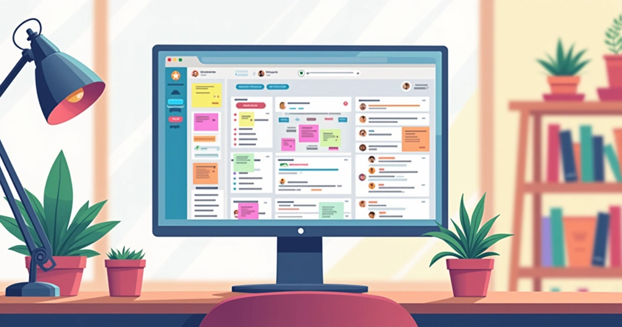 Interface do Notion em uma tela de computador mostrando 3 seções diferentes em um escritório moderno.