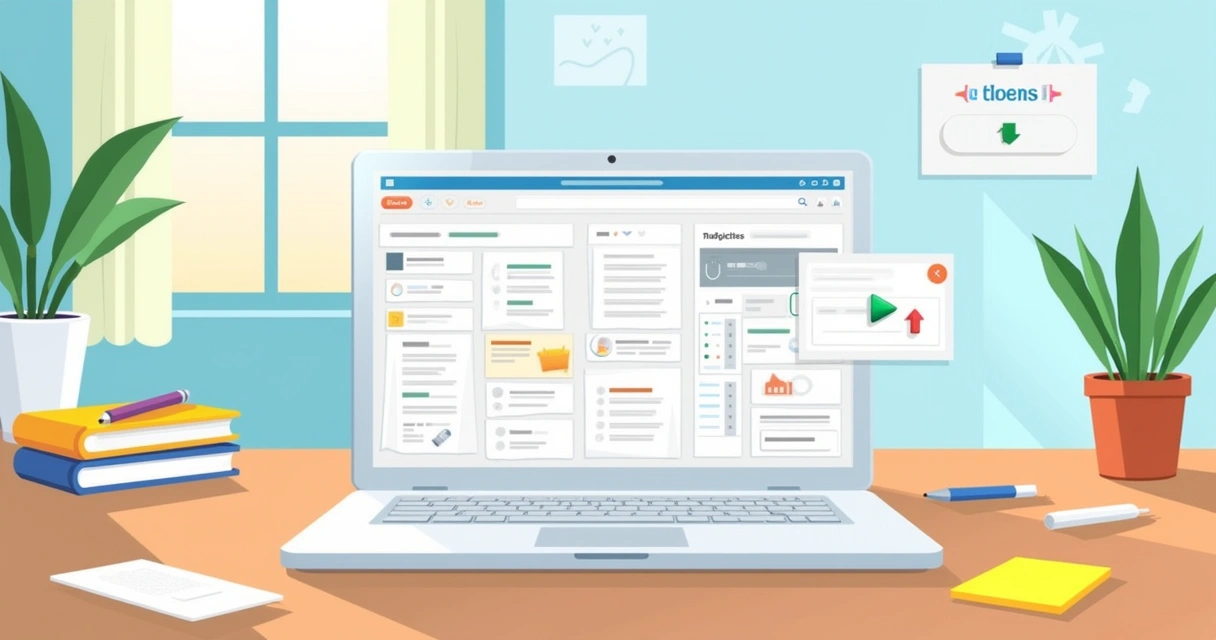 Interface do Notion em um laptop, com tarefas organizadas e ícones de mover e duplicar.