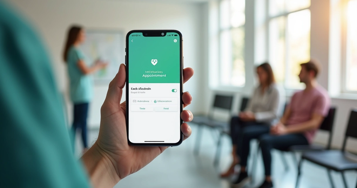 Paciente utilizando smartphone para agendar consulta médica no SUS, tela mostra confirmação digital. 