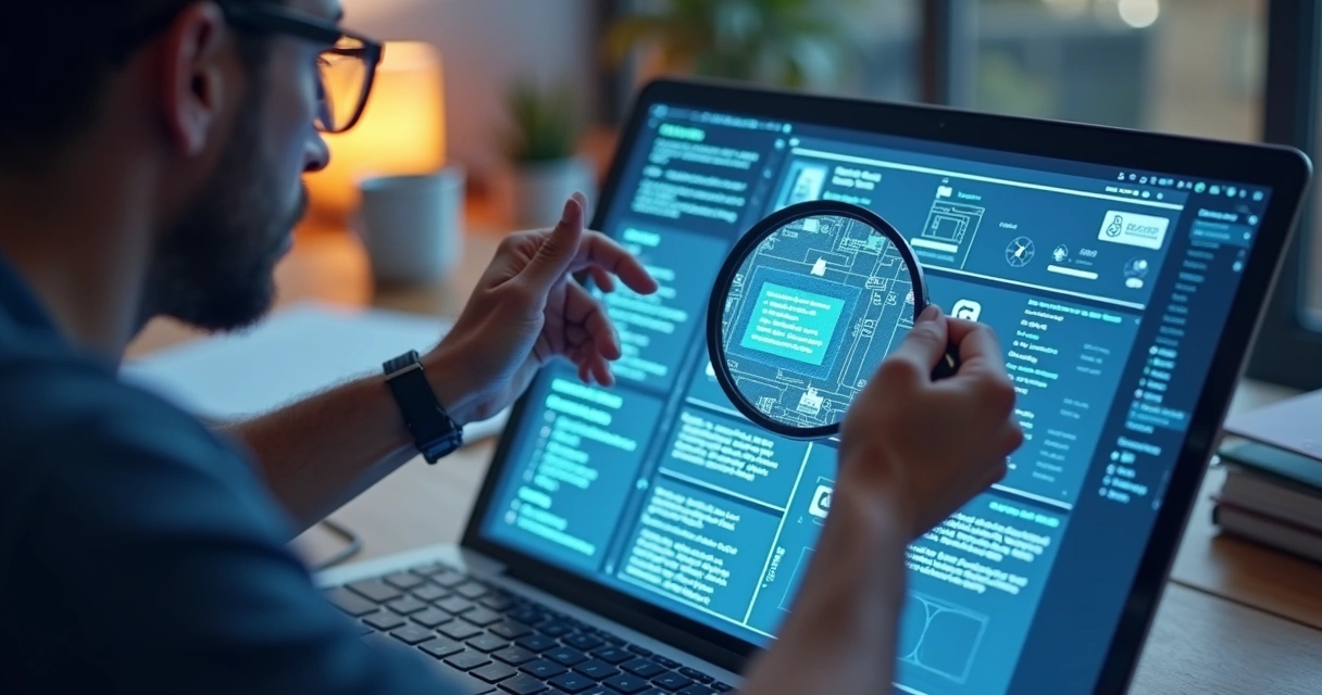 Desenvolvedor ajustando interface digital com lupa em prancheta de design 