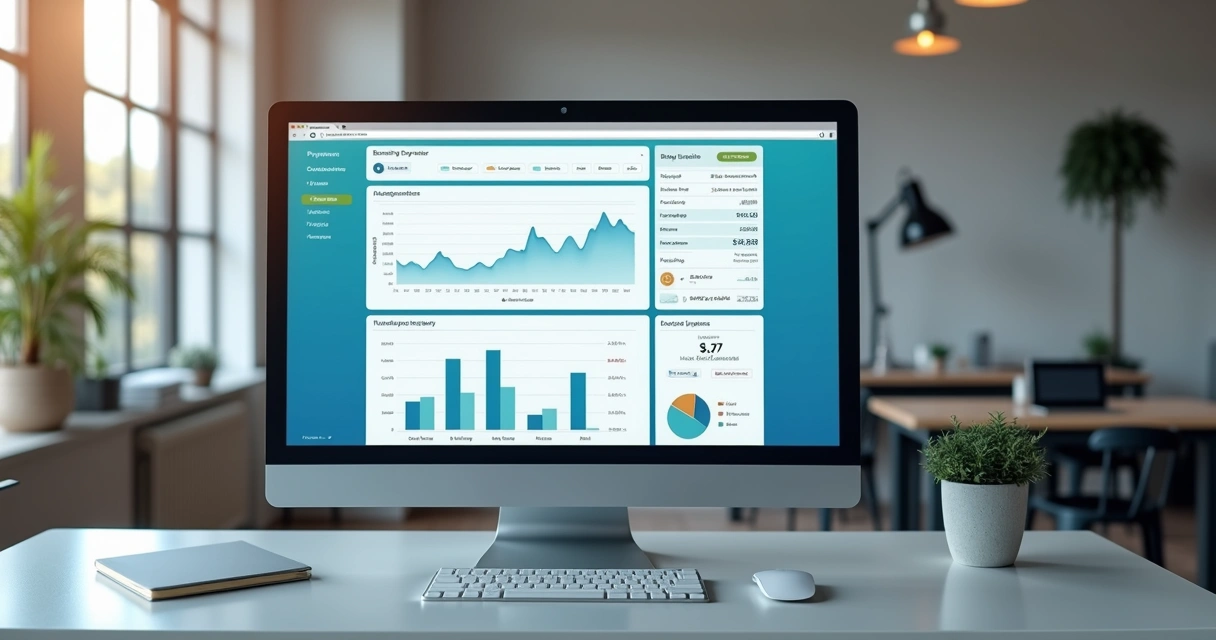 Interface moderna de plataforma bancária digital com menus e gráficos 