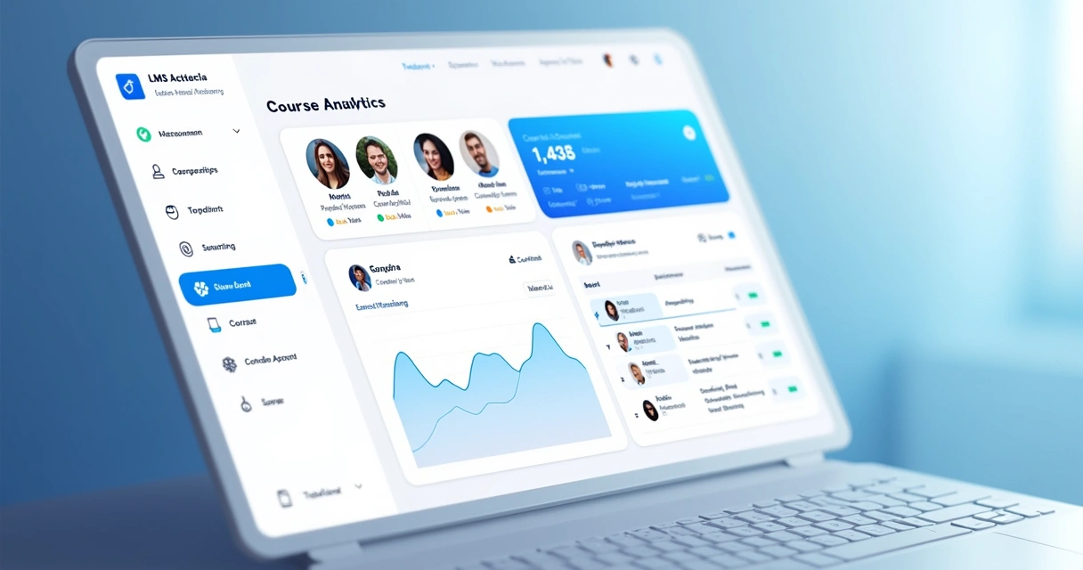 Interface visual de plataforma LMS com gráficos e lista de cursos