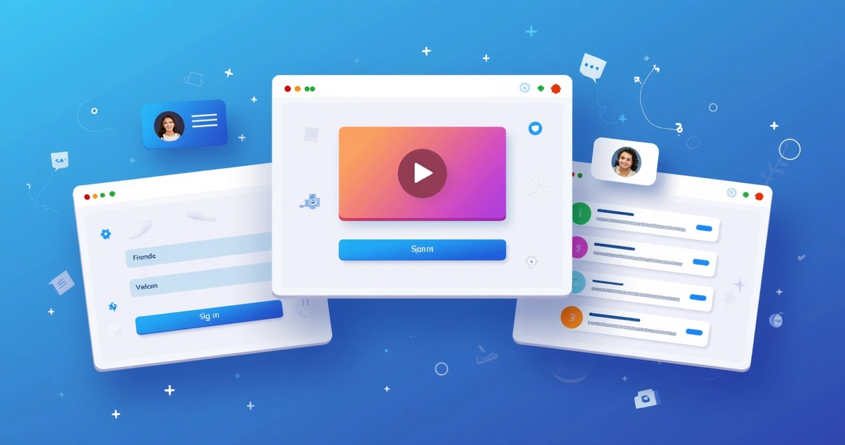 Interface digital com telas de plataforma de onboarding exibindo formulário, vídeo de boas-vindas e área de tarefas. 