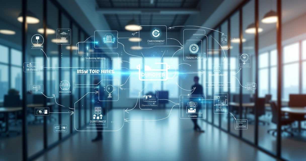 Fluxo visual mostrando setores conectados e automação digital em empresa moderna