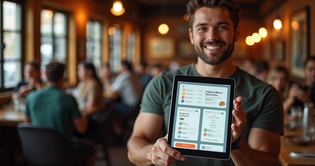 Garçom usando tablet com interface simples em restaurante