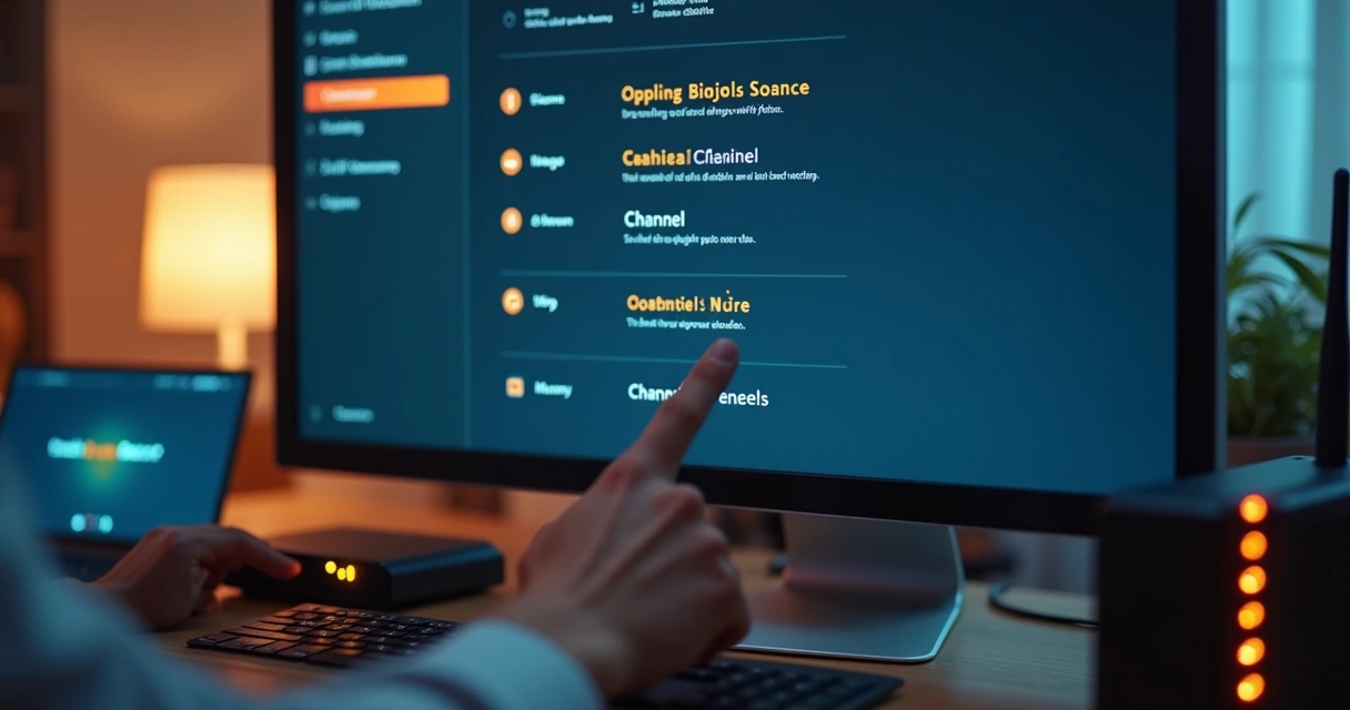 Painel de configuração do roteador mostrando opções de canal Wi-Fi 