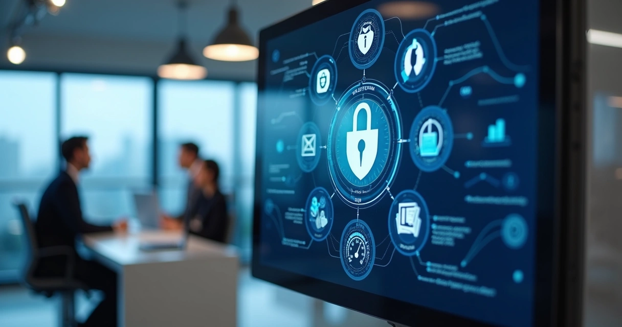 Tela de site empresarial com ícones de segurança e velocidade 