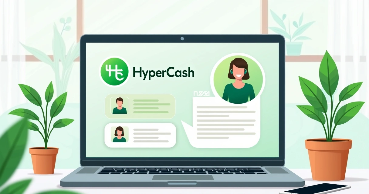 Representação moderna do painel de suporte da HyperCash, com atendente sorridente 