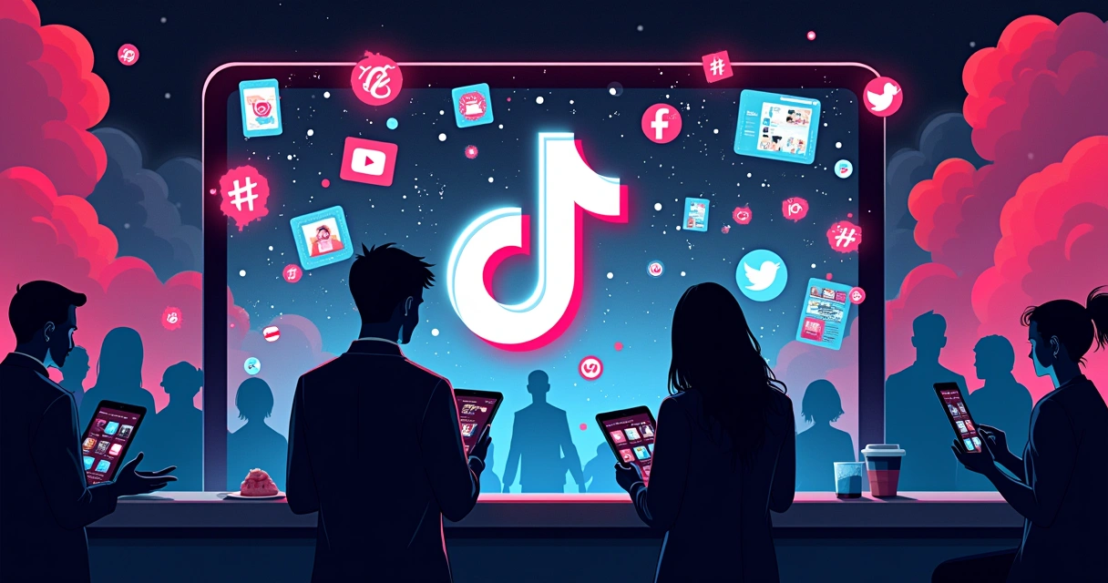 Interface do TikTok com hashtags populares, pessoas interagindo e ícones de engajamento.