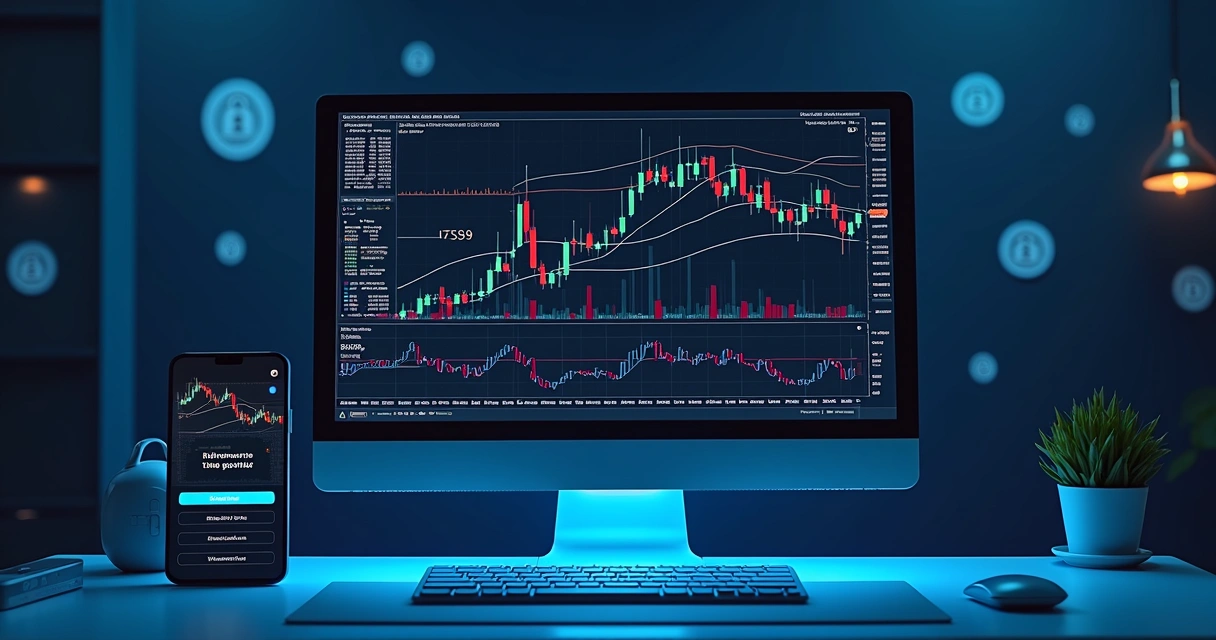 Computador com tela mostrando gráficos financeiros e interface de trading automatizado segura 