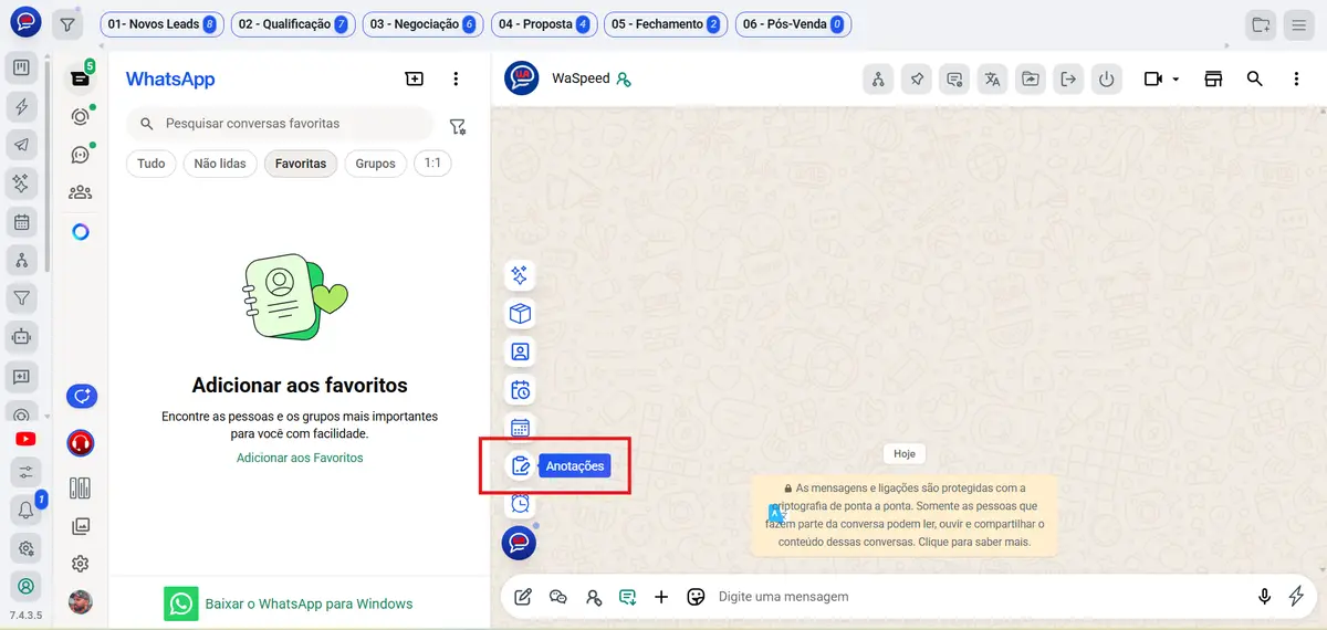 Interface do WaSpeed mostrando a aba Anotações no WhatsApp Web com opções e funil de vendas