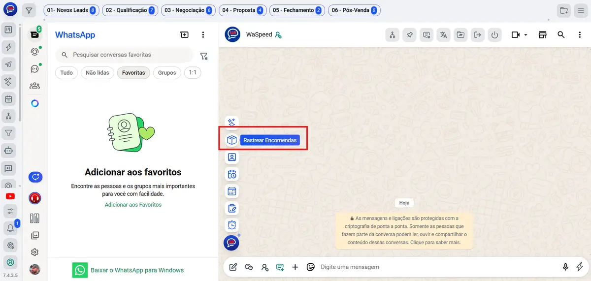 Interface do WaSpeed integrada ao WhatsApp Web mostrando botão azul Rastrear Encomendas destacado