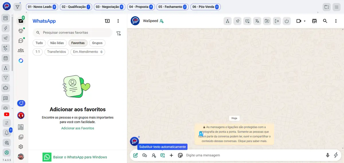 Interface do WaSpeed mostrando organização de abas de funil de vendas e painel do WhatsApp integrados