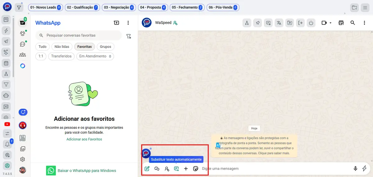 Interface do WaSpeed integrada ao WhatsApp Web mostrando organização de funis de vendas e automação