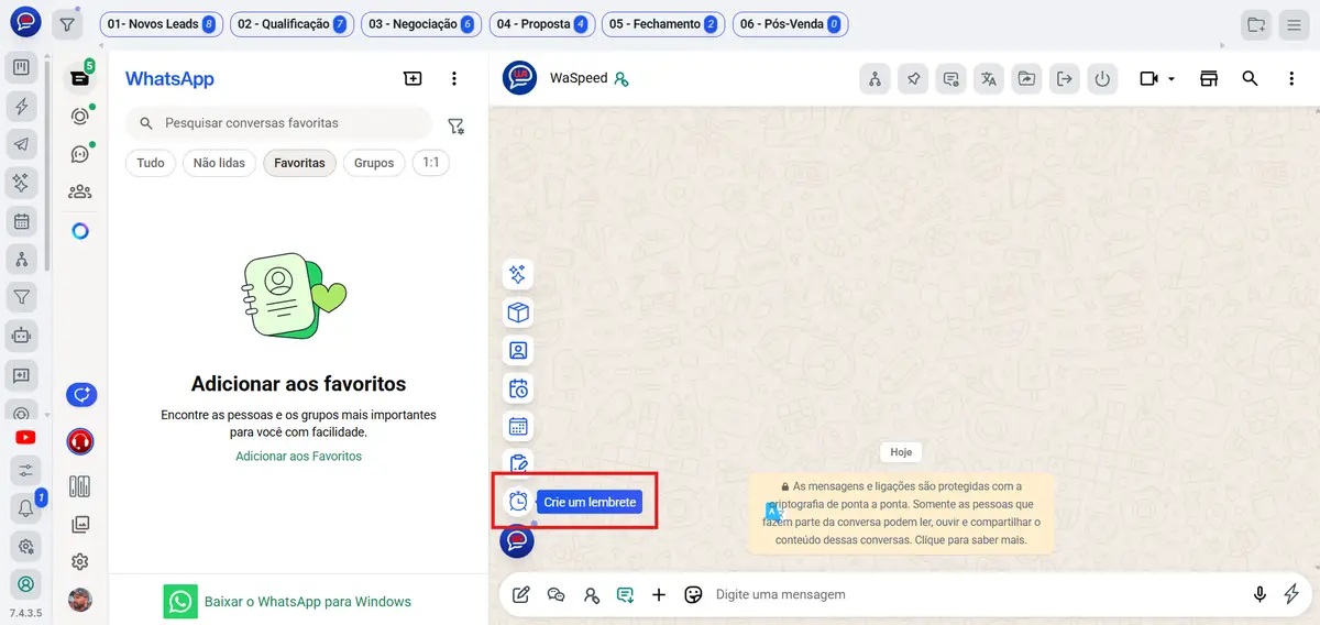 Interface do WaSpeed integrada ao WhatsApp Web mostrando a aba de favoritos vazia e um botão destacado 'Crie um lembrete' na área de conversa.