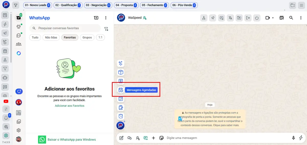 Interface do WaSpeed mostrando a aba de Mensagens Agendadas destacada ao lado do chat do WhatsApp