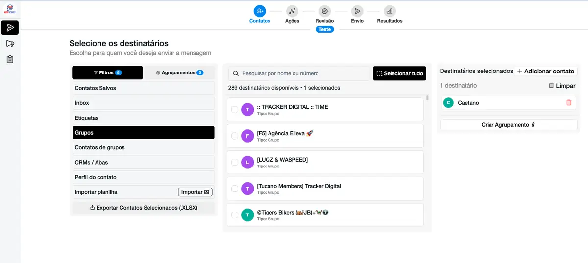Tela do WaSpeed interface selecionando destinatários para envio de mensagem no WhatsApp