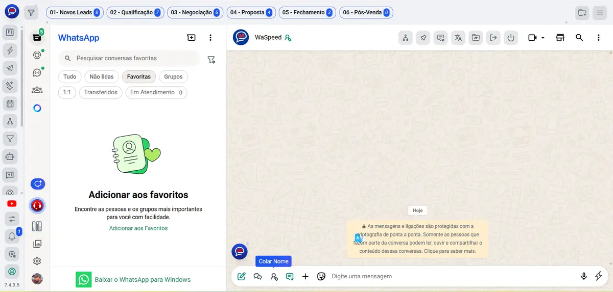Interface do WaSpeed integrada com WhatsApp Web mostrando abas de funil de vendas e painel de mensagens