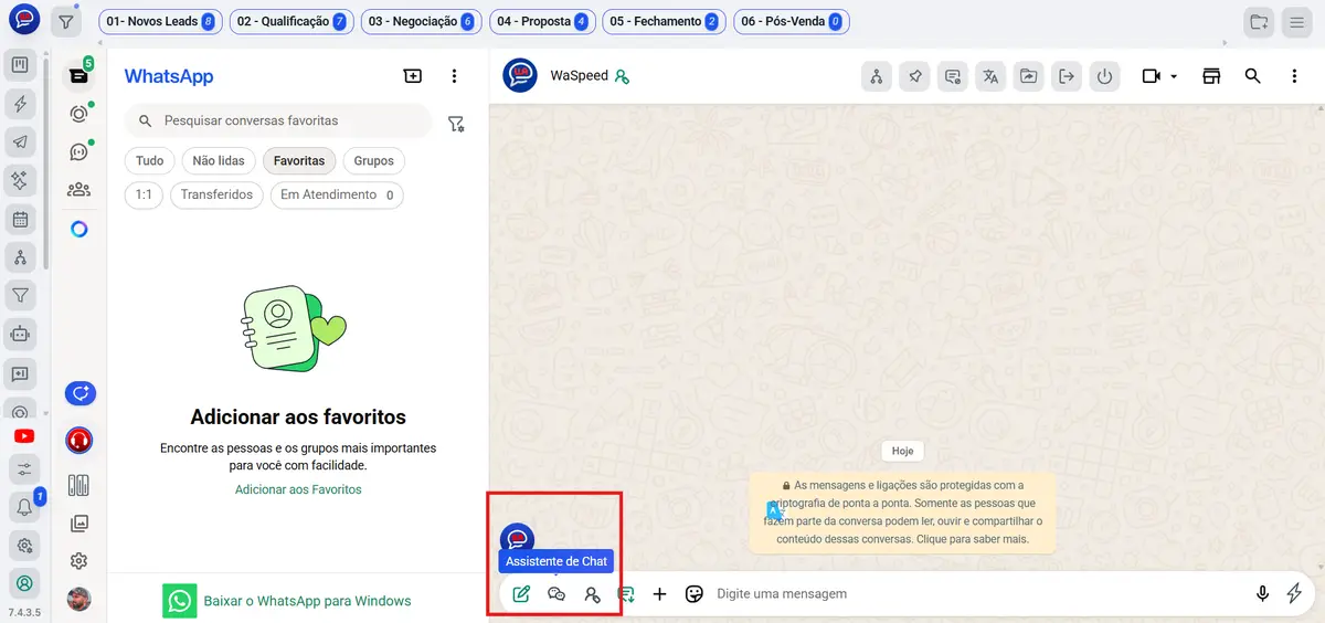 Interface do WaSpeed integrada ao WhatsApp Web mostrando menu lateral e chat com assistente de IA ativado